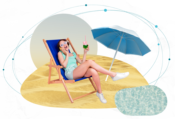 A playful collage of a woman relaxing in a beach chair with a tropical drink, representing a stress-free vacation.