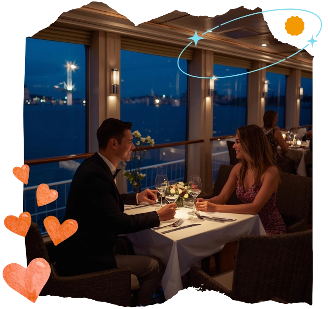 Couple dining by waterfront at sunset