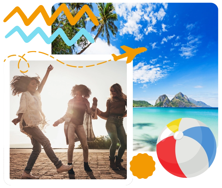 Tropical beach and people dancing at sunset