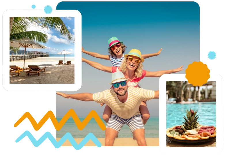 Friends posing playfully on tropical beach with poolside and fruit scenes