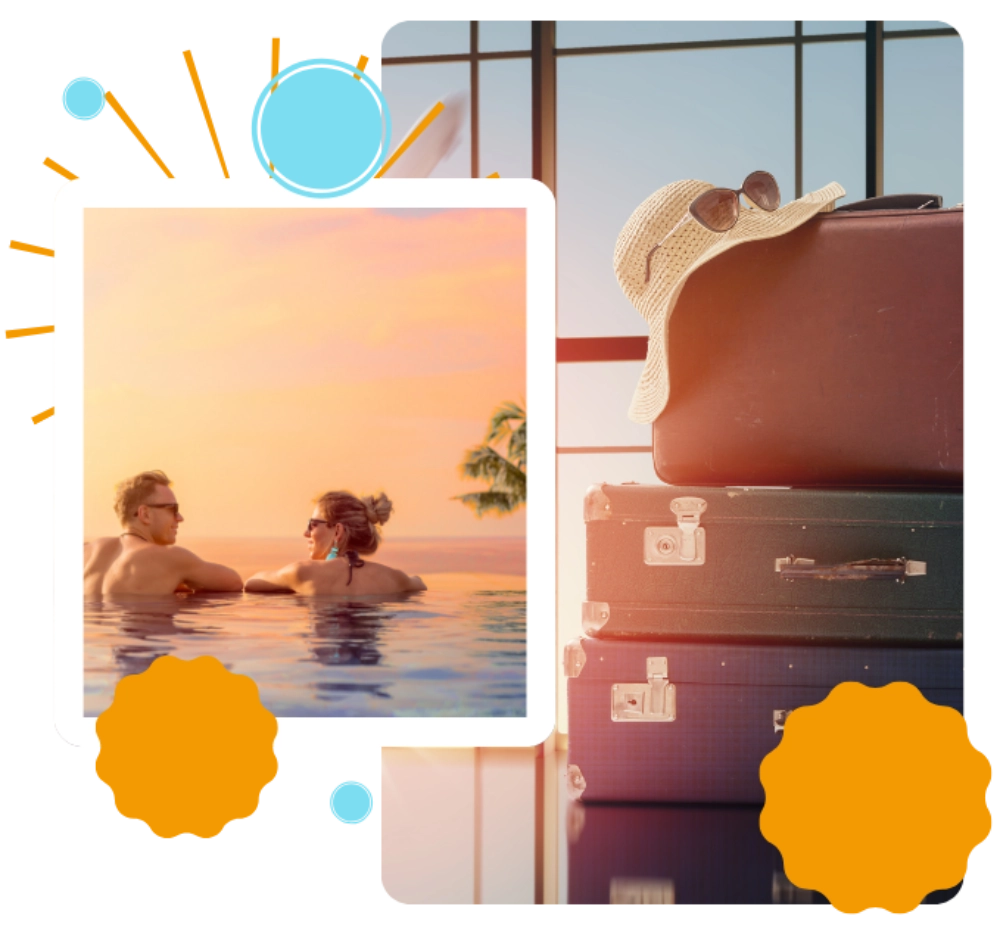 Couple enjoying colorful tropical cocktails at a swim-up bar in a luxury all-inclusive resort pool.