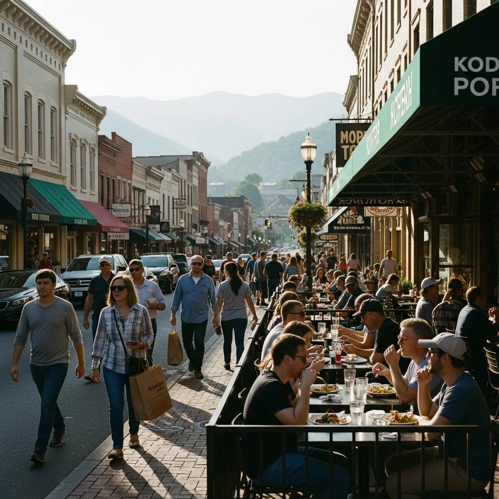 People walking and dining outdoors on a lively, historic main street in Asheville, North Carolina
