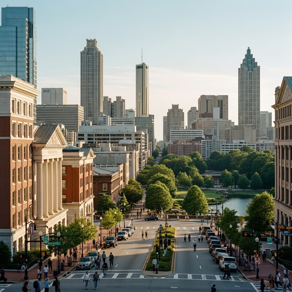 Sunlit Atlanta city street with a mix of historic buildings and modern skyscrapers.