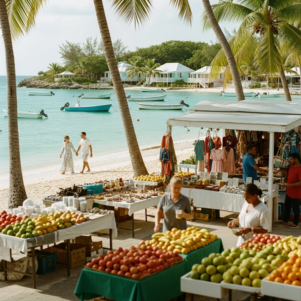 Bahamas beach market featuring fresh tropical fruits and white sand shores.