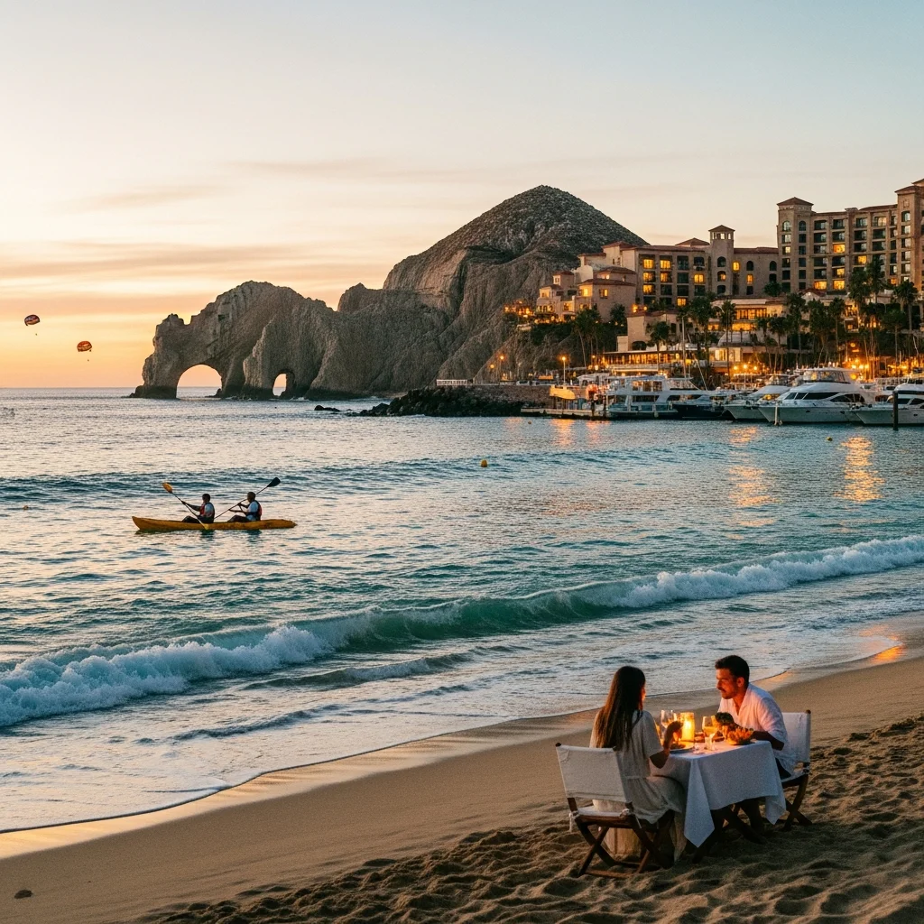 Aerial view of the iconic Arch of Cabo San Lucas with luxury yachts and adventure seekers nearby.