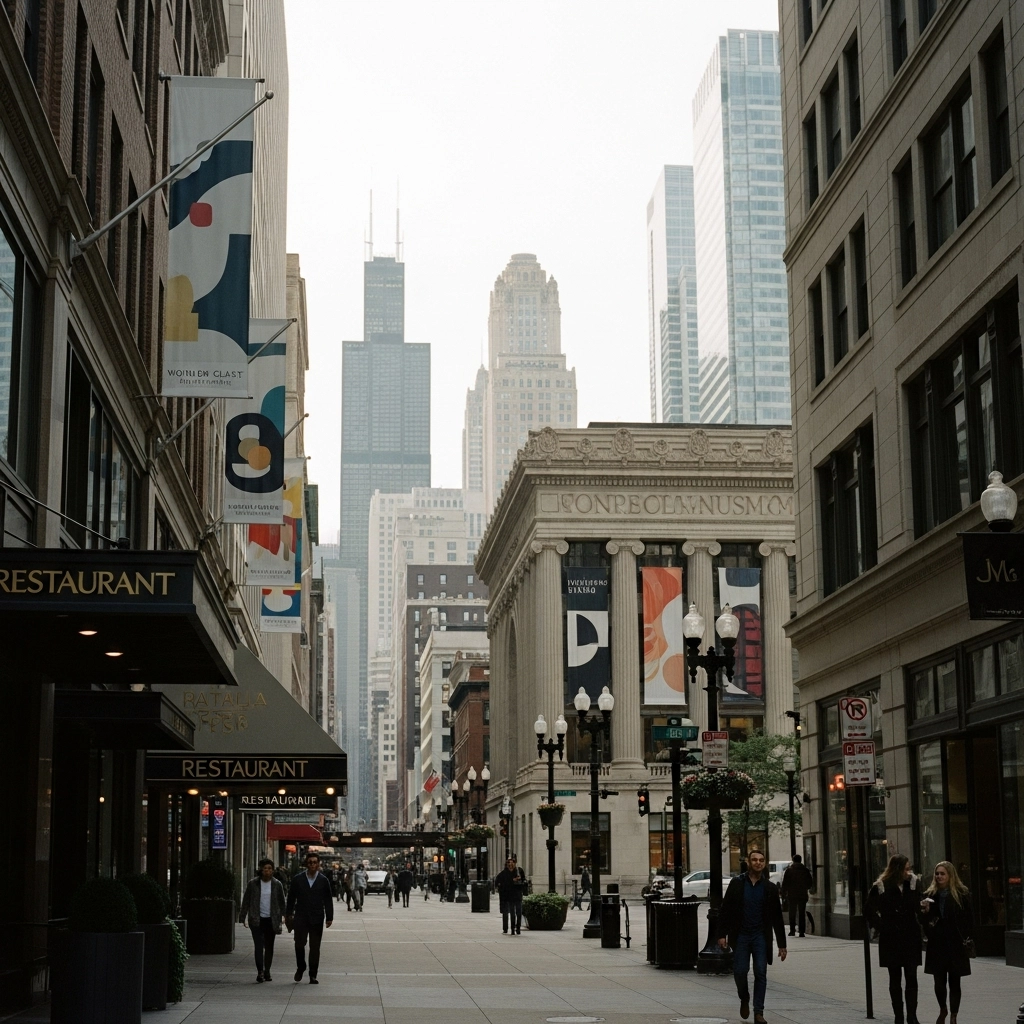 Downtown Chicago street scene with Willis Tower, showcasing world-class dining, shopping, and cultural attractions.