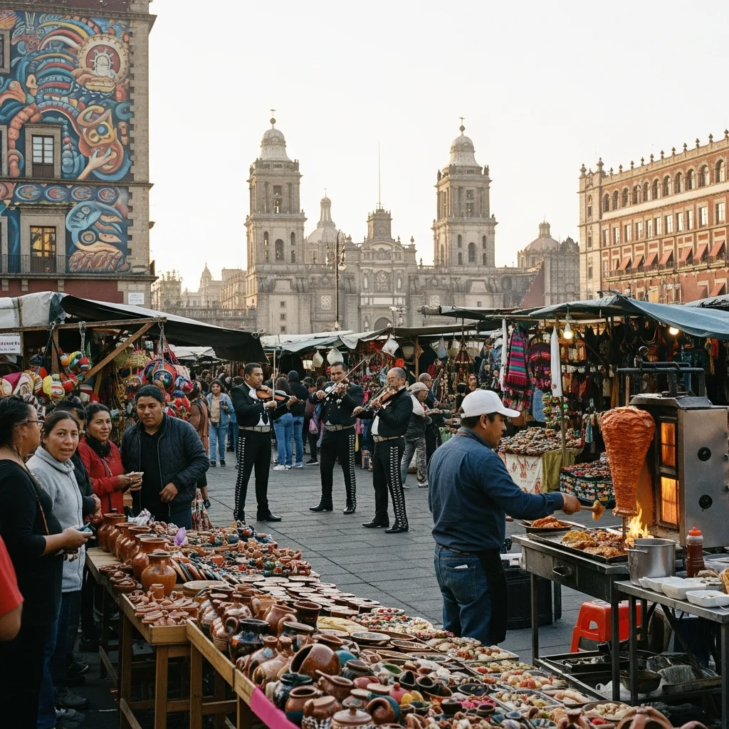 Lively Mexico City plaza featuring a Mariachi band, street food stalls, and the historic Metropolitan Cathedral.