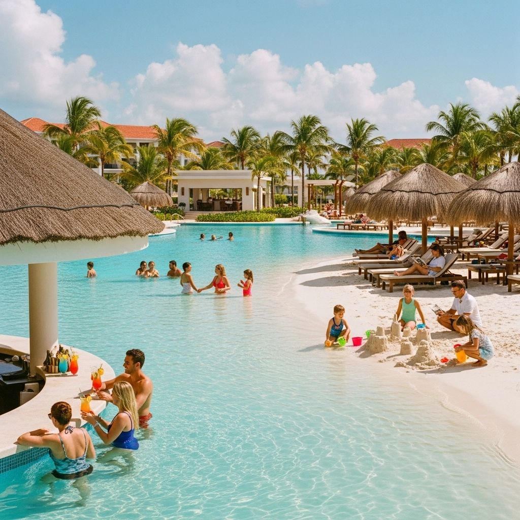 Families enjoying together at a palm-fringed Dominican Republic resort.