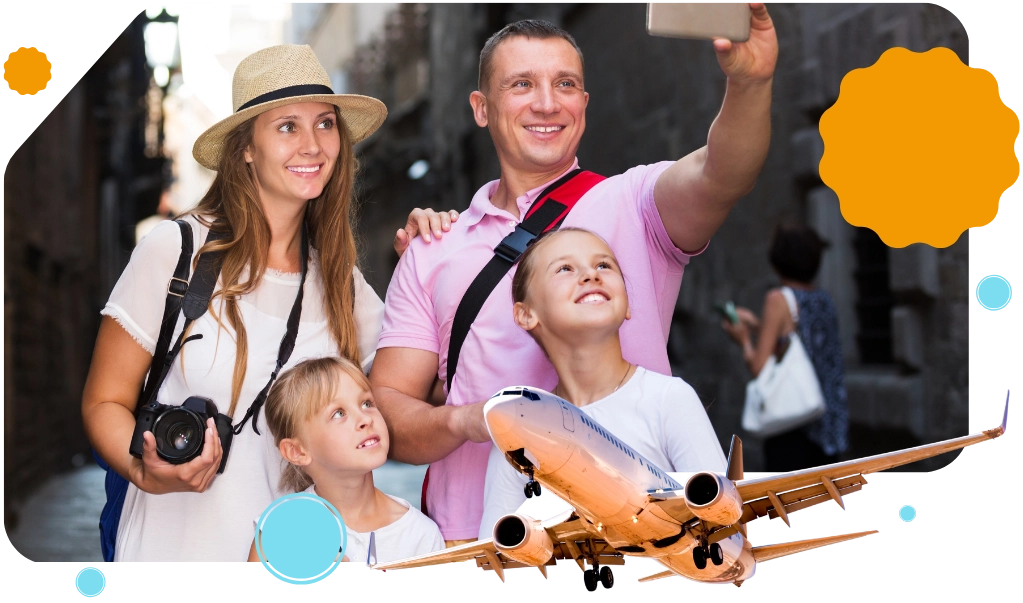 Happy family of three taking a selfie together while on vacation.