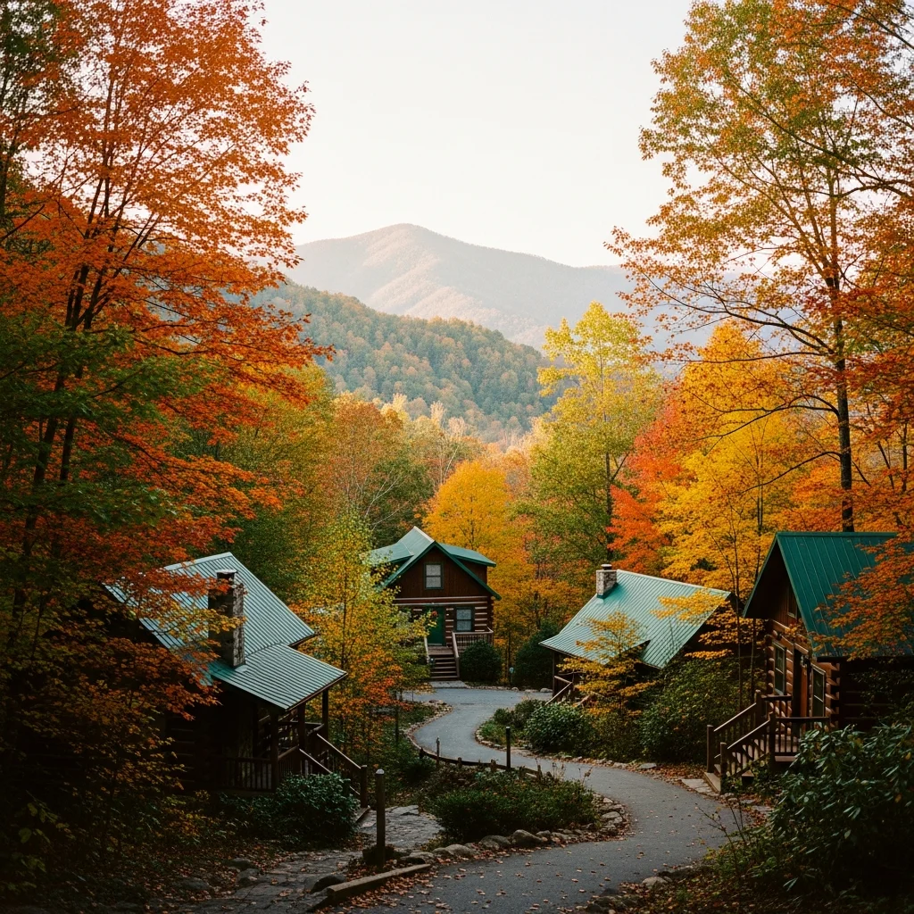 Cozy mountain cabins tucked into a lush forest of orange and yellow autumn leaves with the Smoky Mountains in the distance.