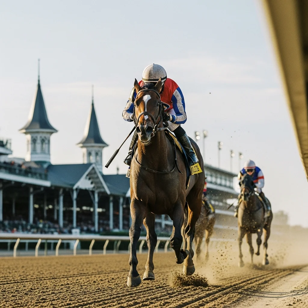 Horses racing down the dirt track at Churchill Downs, with the iconic twin spires of the grandstand visible in the background.