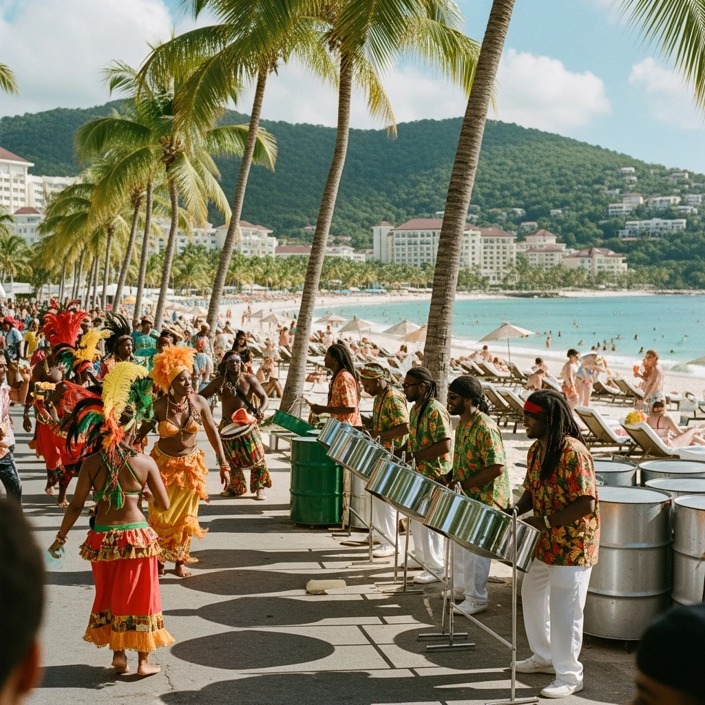 Dancers in colorful costumes and musicians playing steel drums on a sunny Jamaica beach resort.