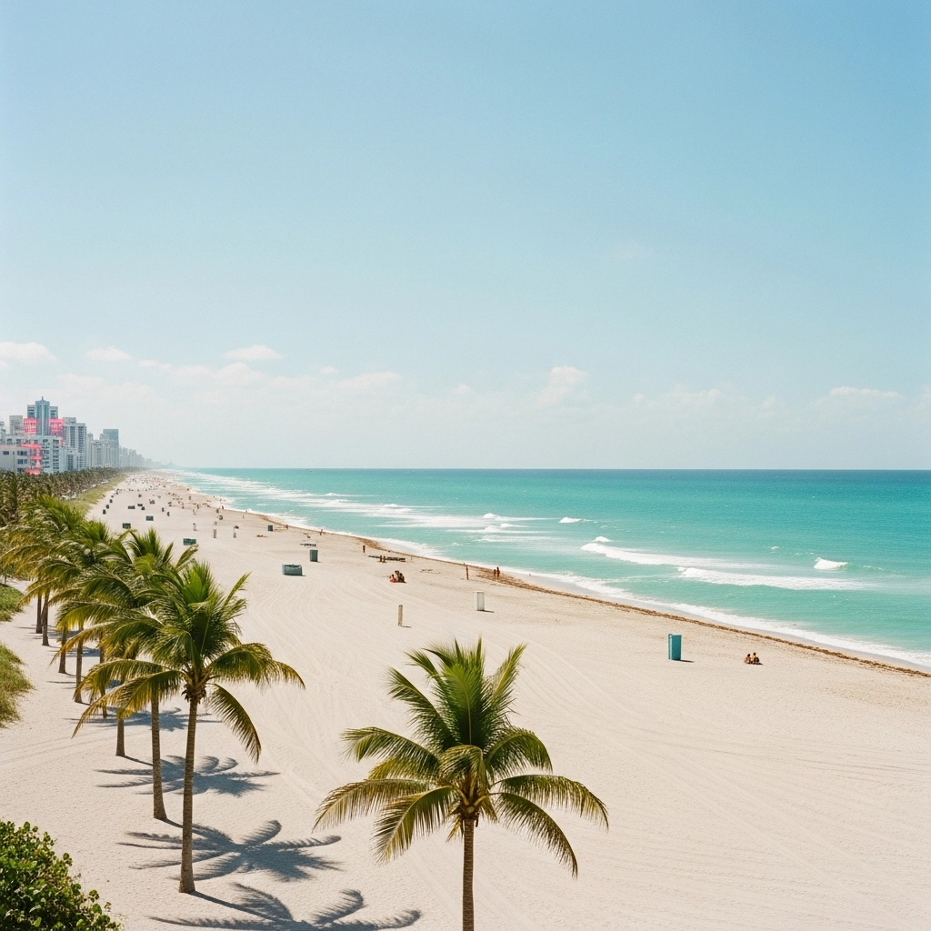 Scenic Miami beach with palm trees, turquoise waves, and skyline