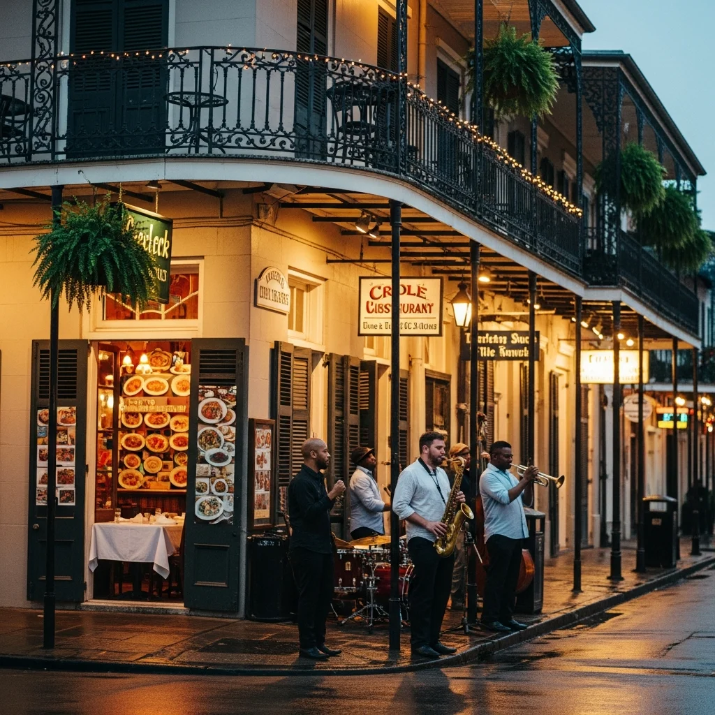 Live jazz band in New Orleans French Quarter, celebrating Creole cuisine, vibrant culture, and historic charm.