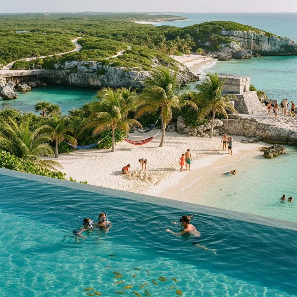 Snorkelers in an infinity pool overlooking a tropical beach