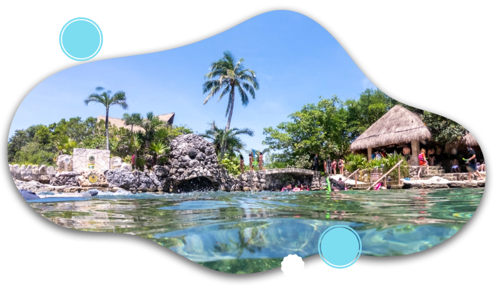 Wide-angle view of a crystal-clear cenote in Riviera Maya with swimmers, a stone bridge, and a thatched-roof palapa.