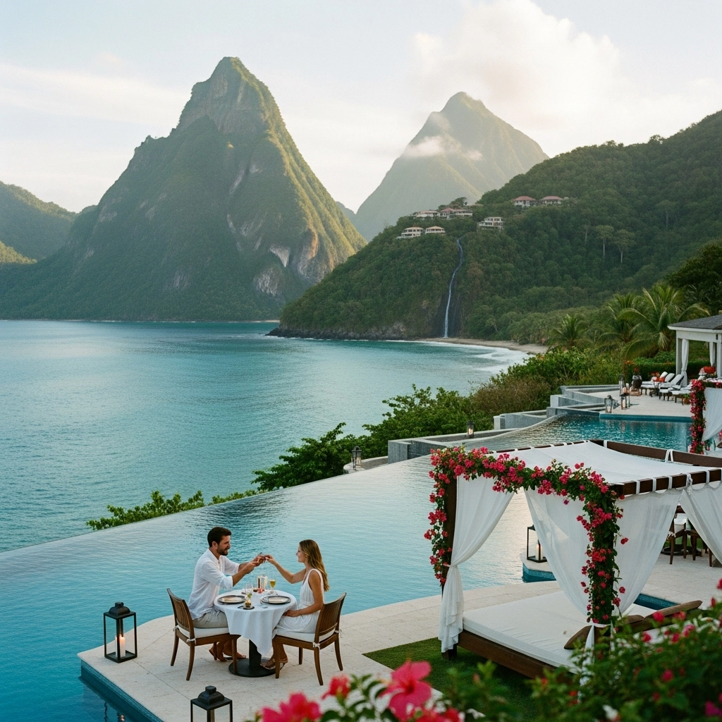 Couple dining by an infinity pool overlooking the iconic Pitons and ocean in St. Lucia.
