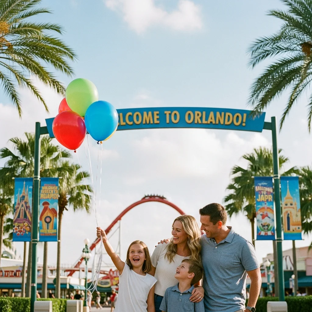Smiling family at Orlando theme park entrance, celebrating colorful balloons, roller coasters, and family fun.