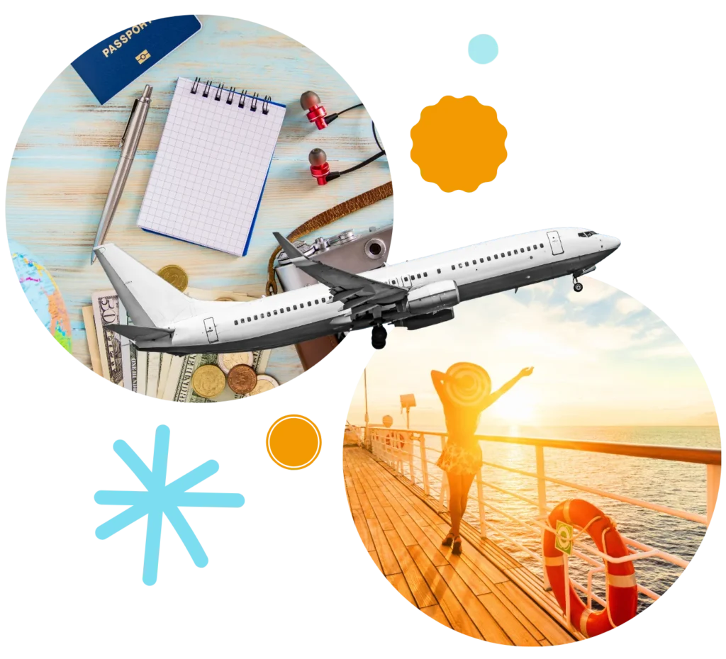 A travel collage featuring an airplane taking flight, a traveler enjoying a sunset on a cruise deck, and vacation essentials.