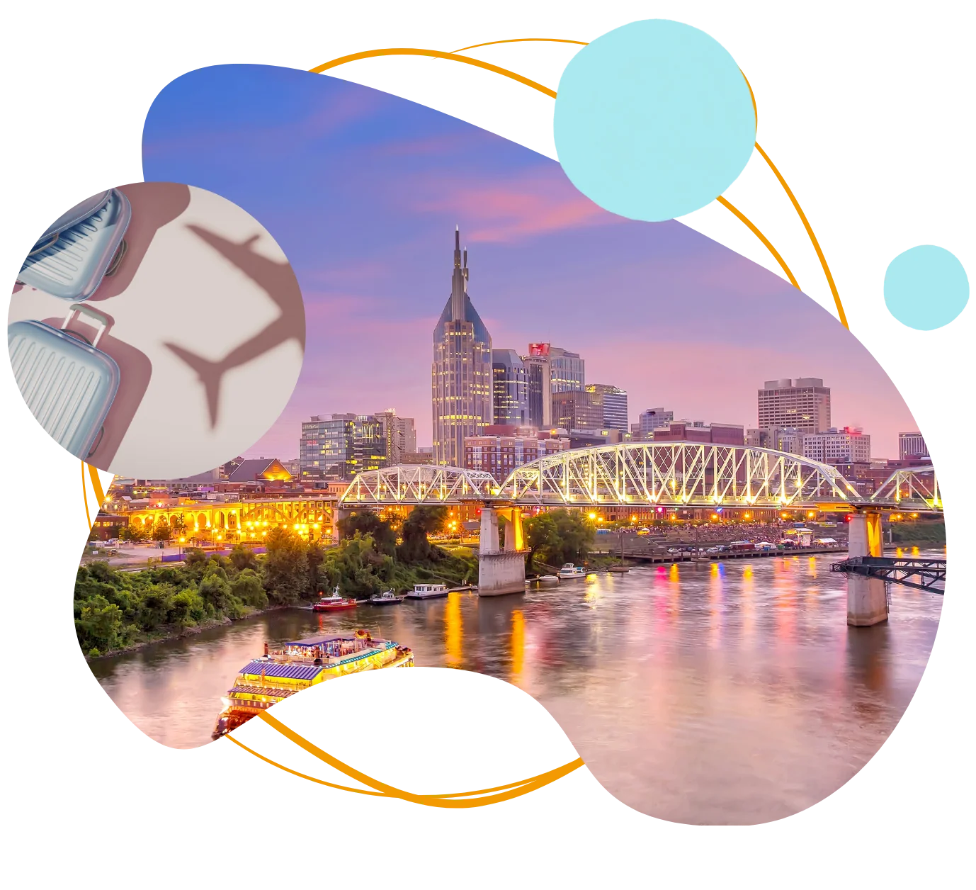 The iconic Nashville skyline featuring the "Batman Building" and modern skyscrapers reflecting over the Cumberland River at dusk.