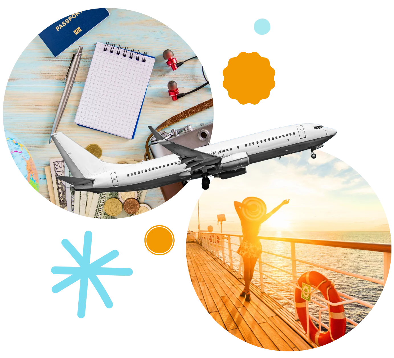 A travel collage featuring an airplane taking flight, a traveler enjoying a sunset on a cruise deck, and vacation essentials.