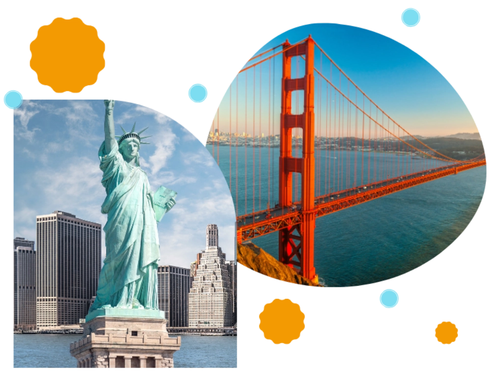 Statue of Liberty and Golden Gate Bridge collage with a blue sky background.