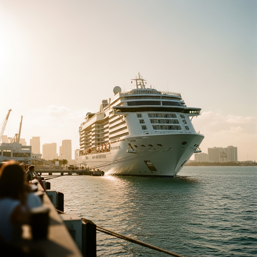 Cruise ship docked at sunset near Miami port