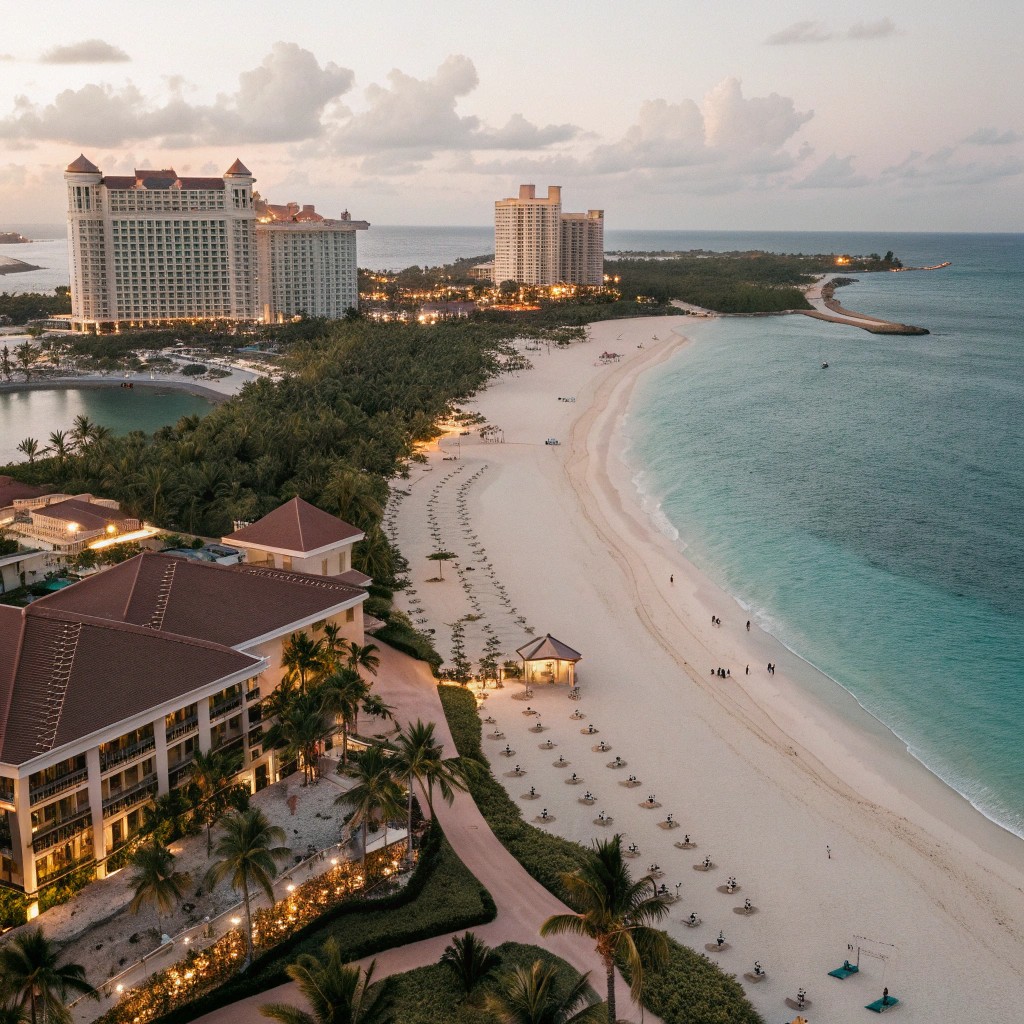 Beachfront resort in the Bahamas at sunset with palm trees and ocean views