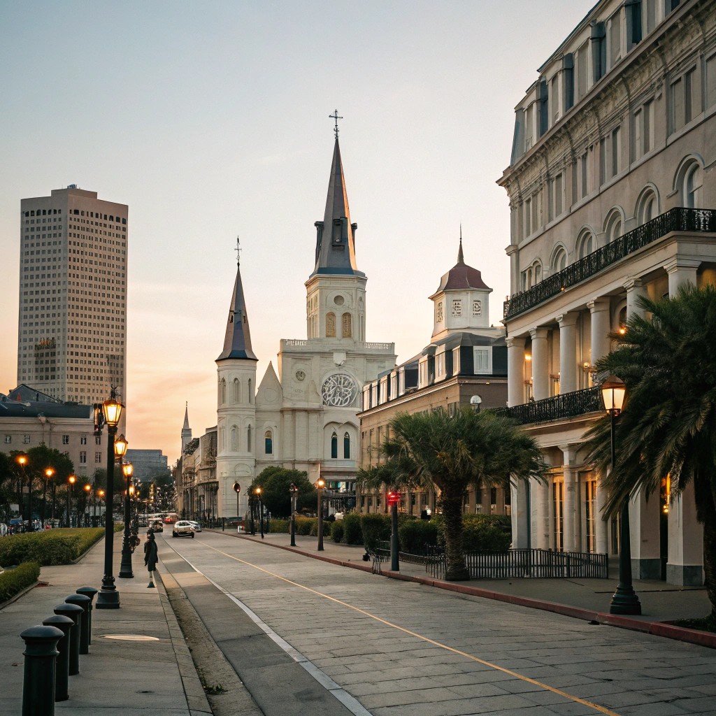 Jackson Square in New Orleans at sunset featuring St. Louis Cathedral and historic French Quarter architecture.